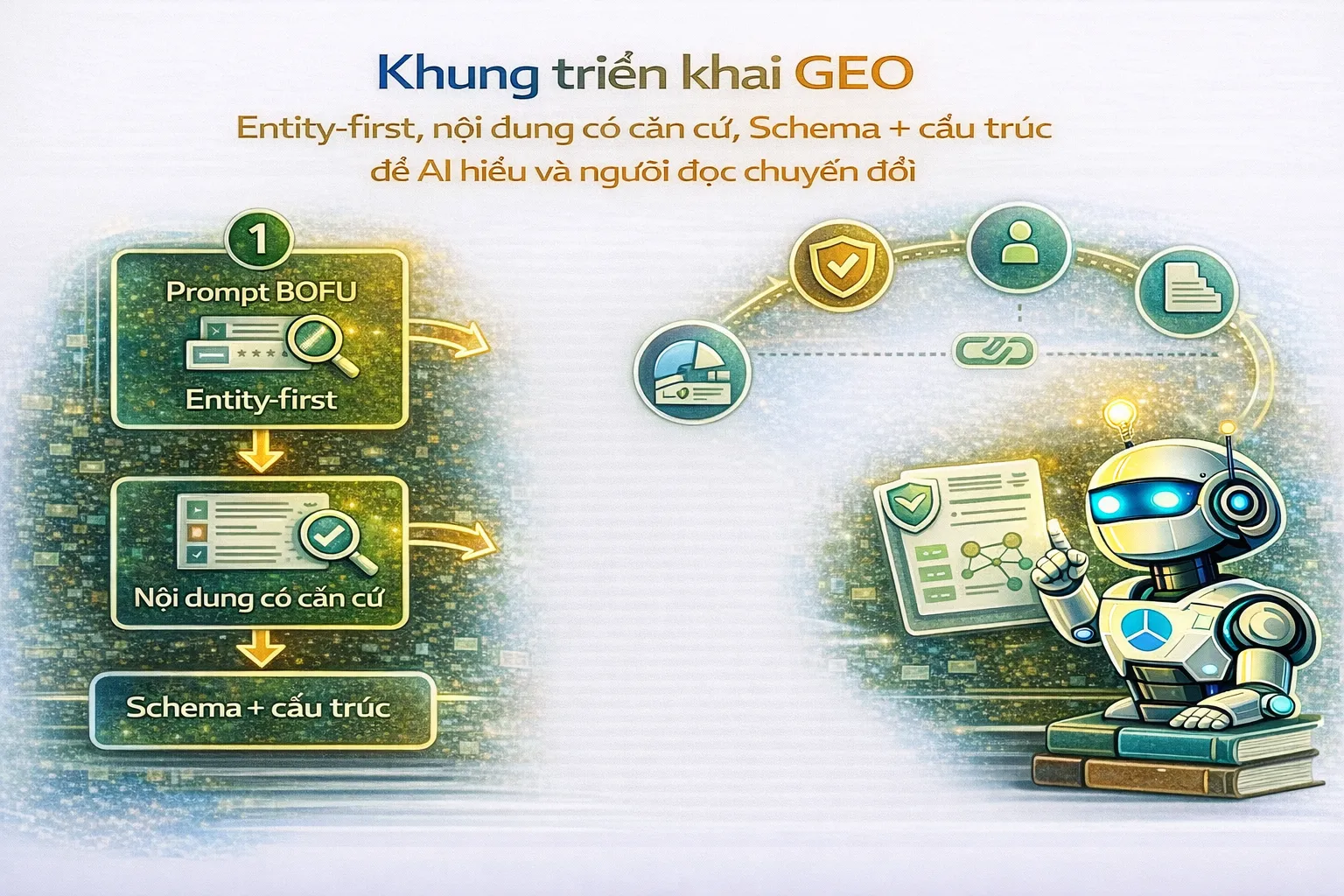 Khung triển khai GEO: entity-first, nội dung có căn cứ, schema + cấu trúc để AI hiểu và người đọc chuyển đổi
