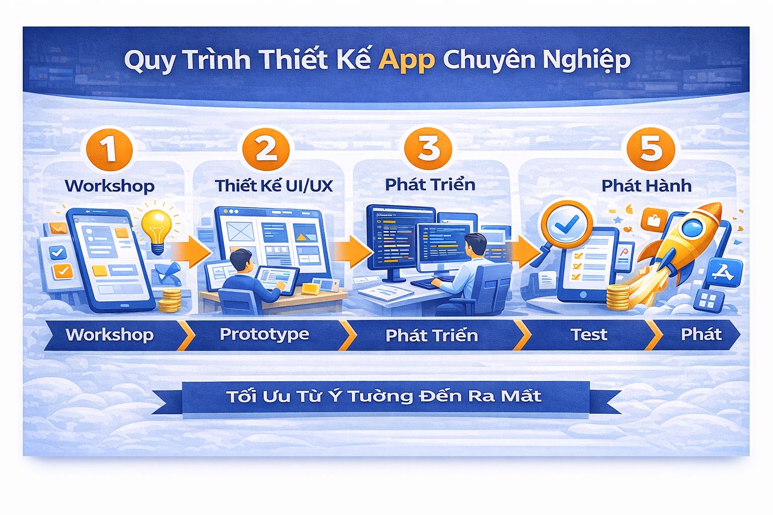 Quy trình triển khai app Android iOS: workshop yêu cầu, prototype, phát triển, kiểm thử và phát hành
