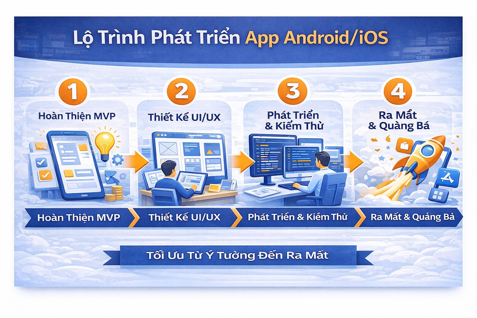 Giải pháp làm app Android iOS theo MVP: chốt mục tiêu, UI/UX, phát triển, ra mắt và tối ưu
