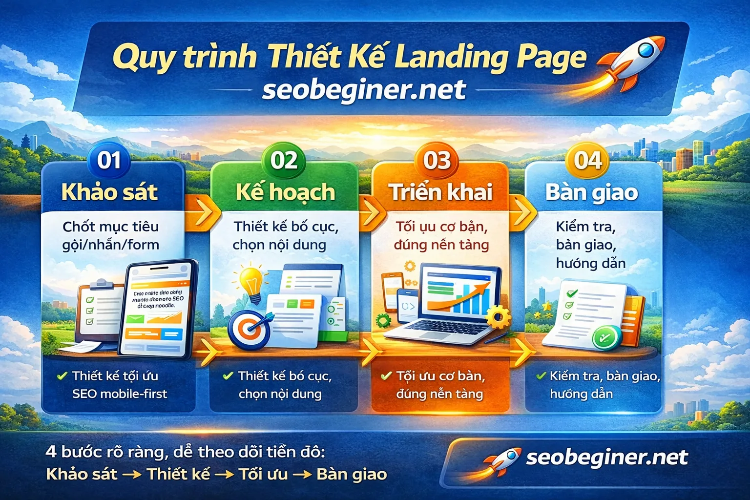 Quy trình thiết kế landing page tại Seobeginer.net: 4 bước triển khai rõ ràng từ mục tiêu đến bàn giao