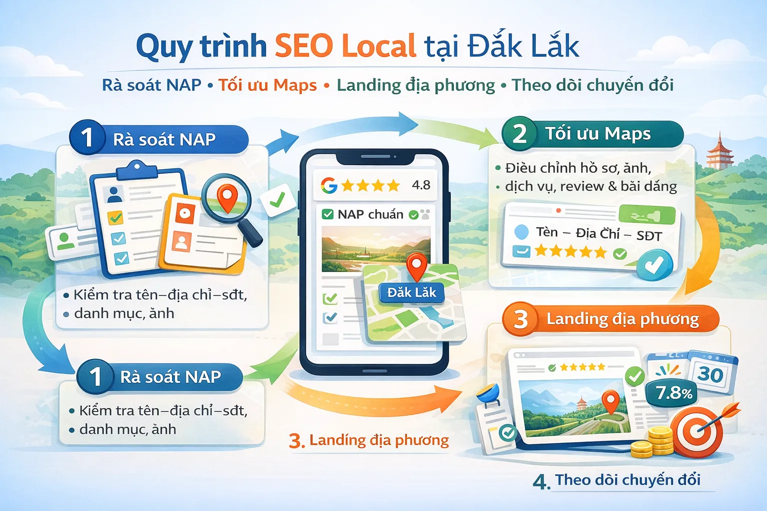 Quy trình SEO Google Maps tại Đắk Lắk: check hồ sơ, tối ưu Maps, làm trang dịch vụ, theo dõi cuộc gọi/chỉ đường