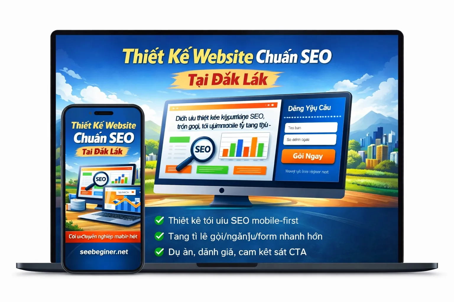 Thiết kế landing page chuẩn SEO tại Seobeginer.net: hero rõ dịch vụ, nút liên hệ nổi bật, dễ đọc trên mobile