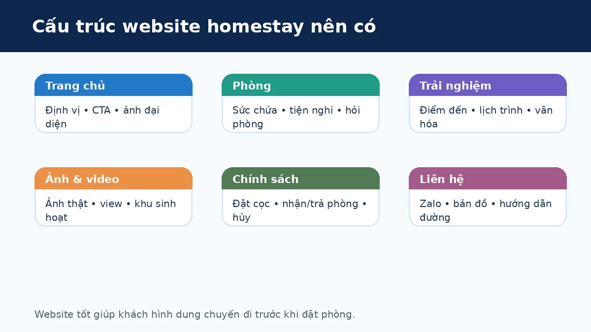 Cấu trúc website homestay Đắk Lắk Cấu trúc website homestay Đắk Lắk gồm trang chủ phòng trải nghiệm liên hệ