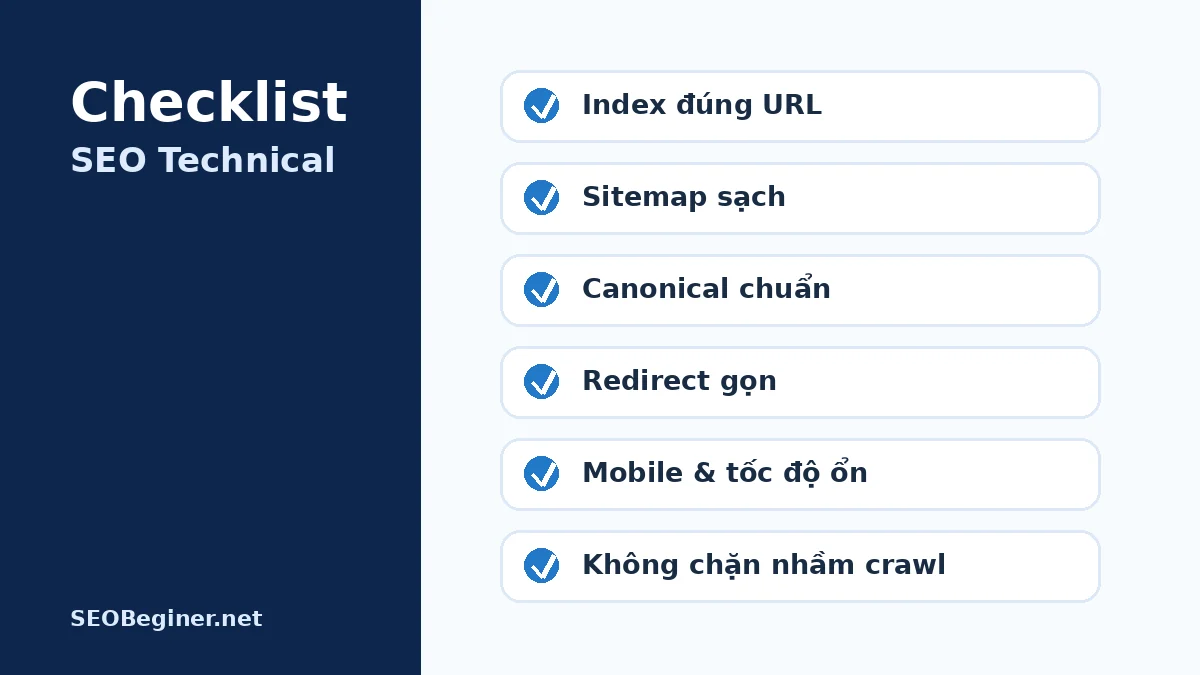 Checklist Technical SEO cho robots sitemap canonical redirect và mobile