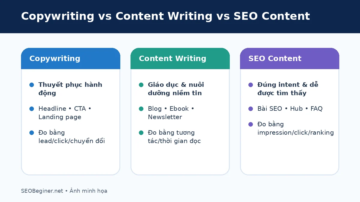 So sánh copywriting content writing và SEO content