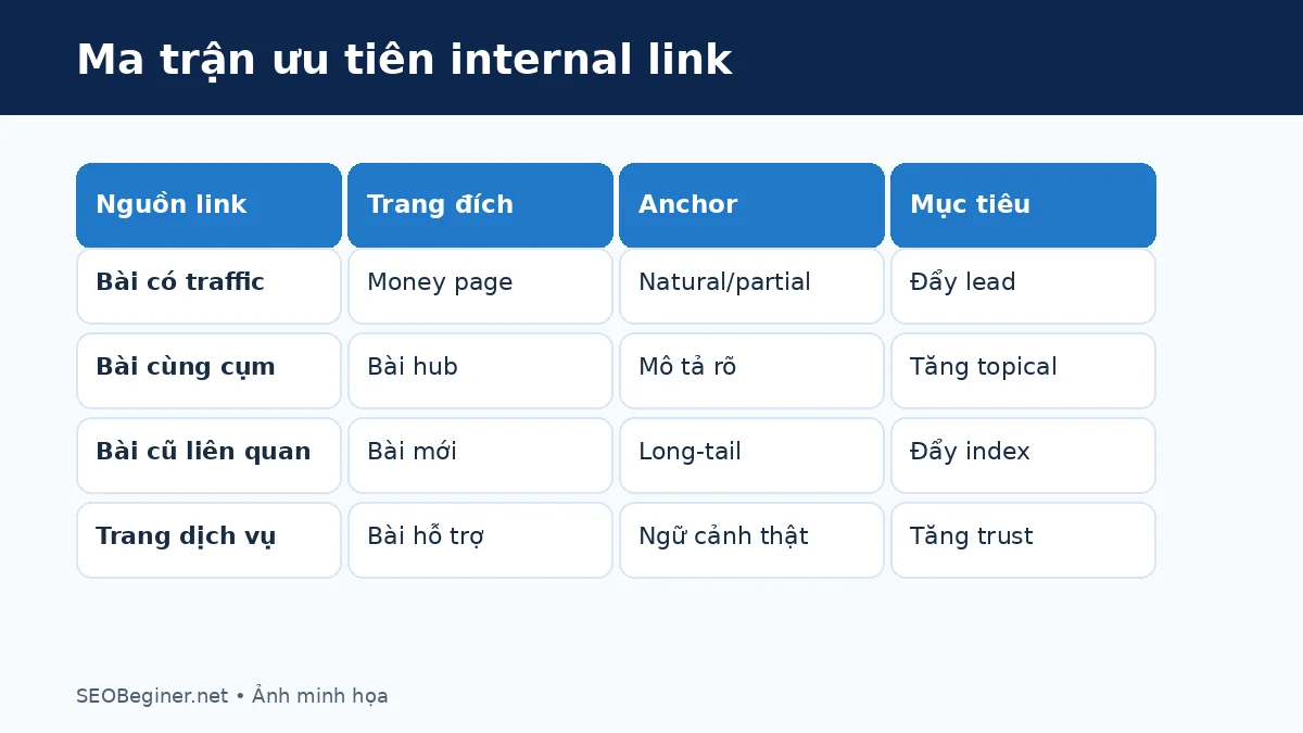 Ma trận ưu tiên Internal Link theo nhu cầu người đọc và vai trò URL