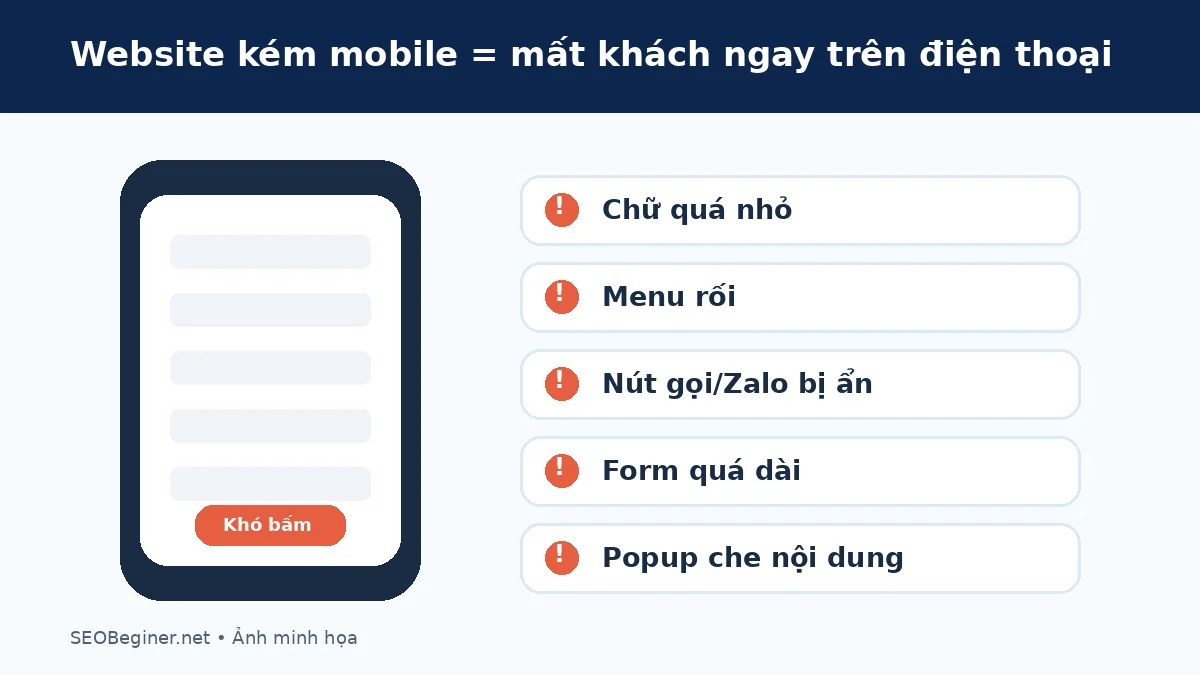 Website kém mobile đang làm mất khách Website hiển thị kém trên điện thoại làm khách khó liên hệ
