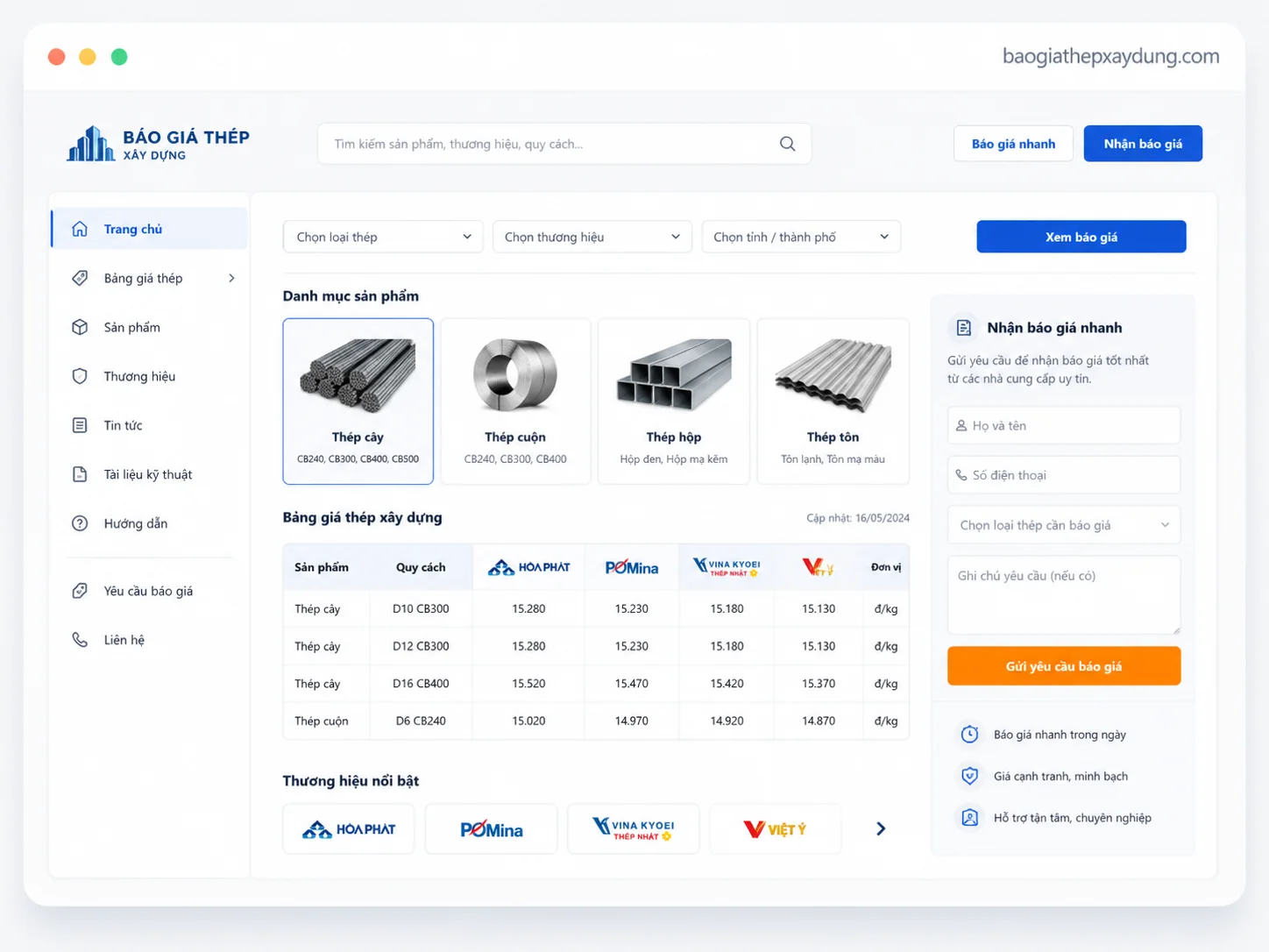 Giao diện dự án baogiathepxaydung.com