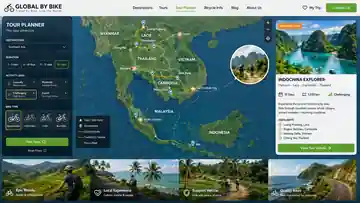 Giao diện Tour Planner của Global By Bike với bản đồ Đông Nam Á và bộ lọc tour